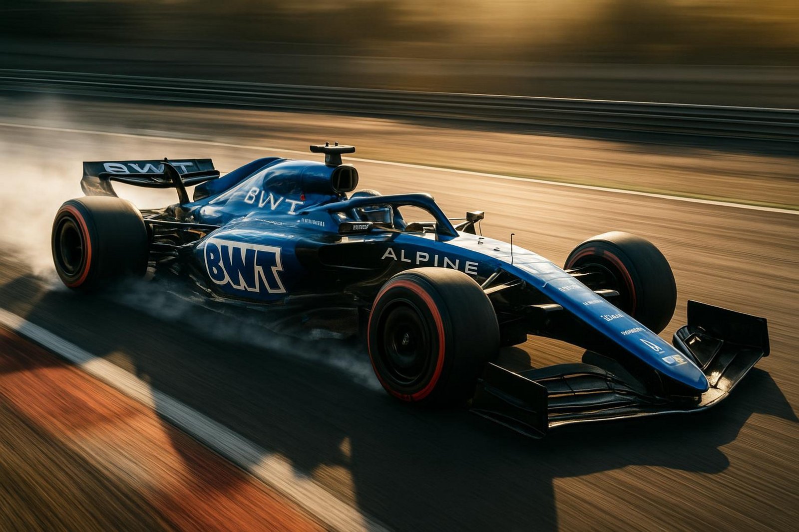 Ein blaues Alpine-F1-Auto mit rotwandigen weichen Reifen beschleunigt bei einer Testfahrt im Sonnenuntergang über eine Rennstrecke und wirbelt Staub auf.