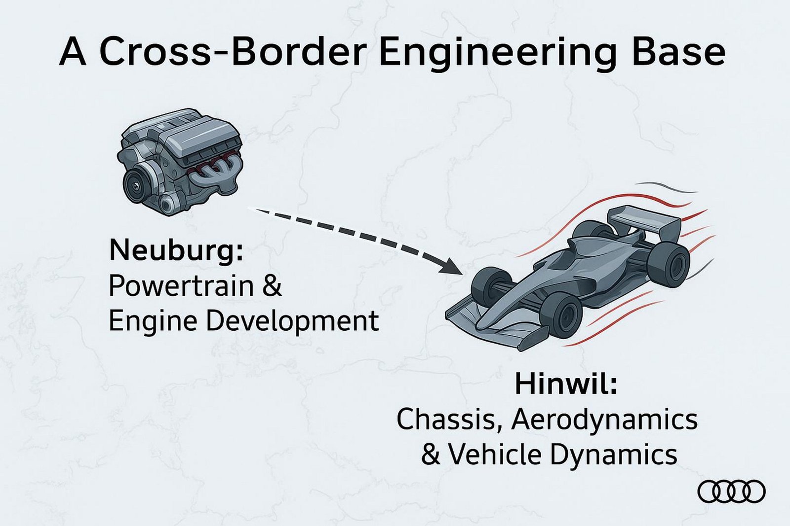 Infografik zu Audis grenzüberschreitendem F1-Ingenieursaufbau, mit Neuburg in Deutschland für den Antriebsstrang und Hinwil in der Schweiz für Chassis und Aerodynamik.