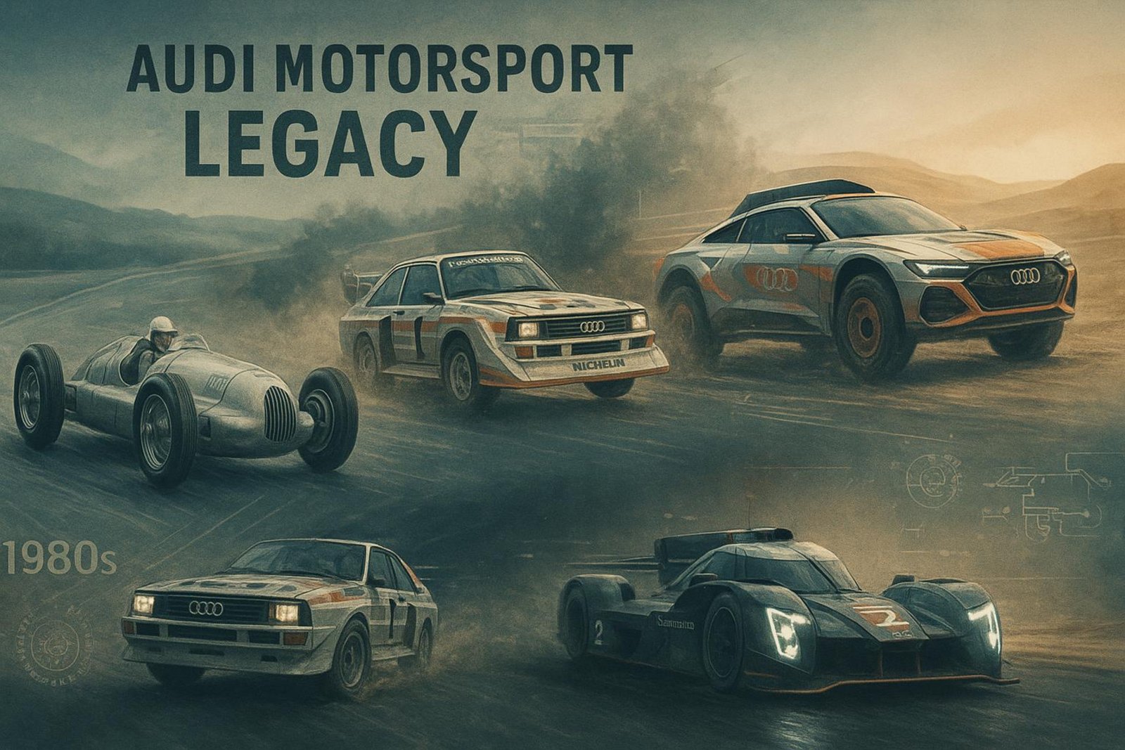 Eine Collage zum Motorsport-Erbe von Audi mit historischen Silberpfeilen, quattro-Rallyeautos, Le-Mans-Prototypen und dem Dakar-Elektrorenner.