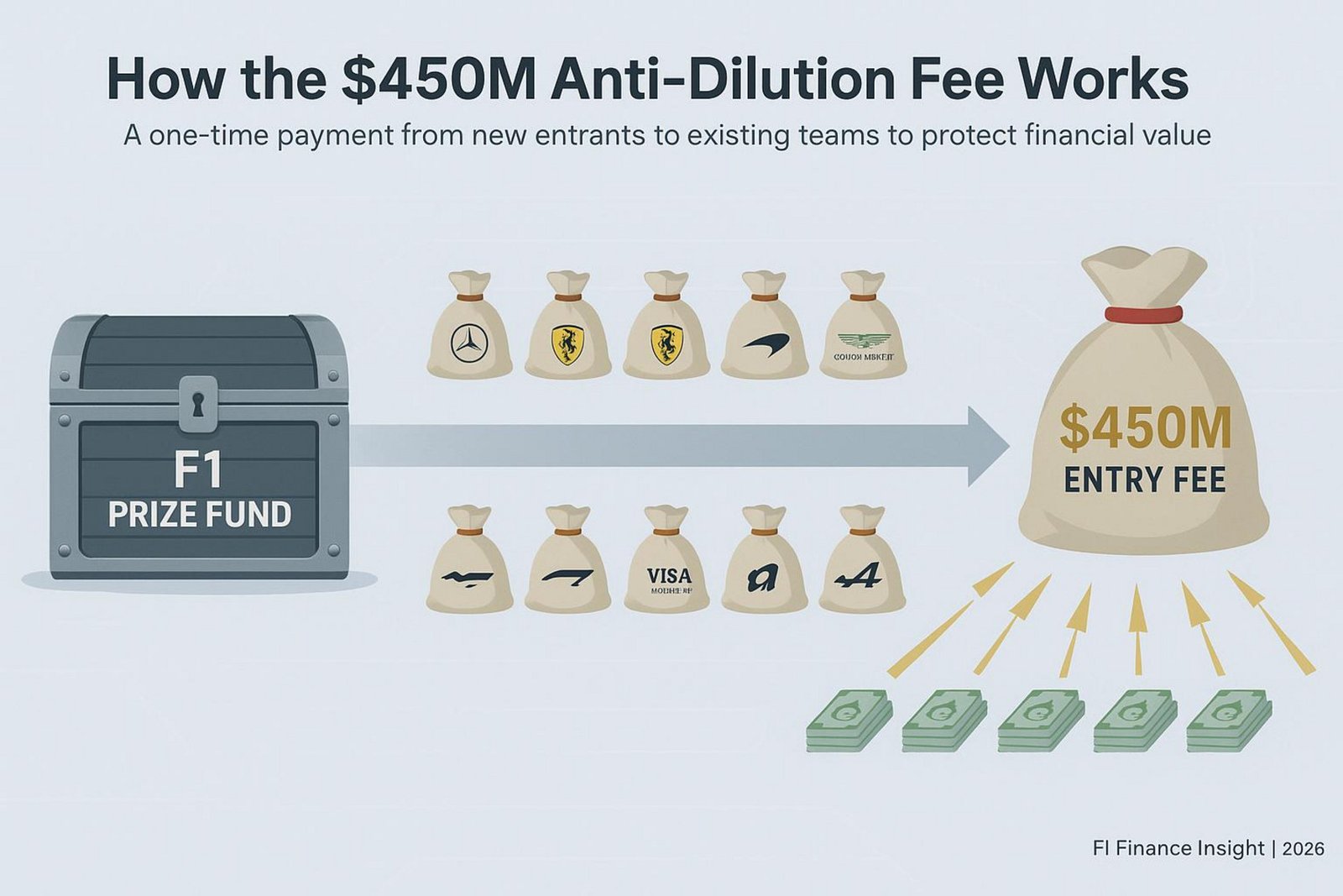 Finanz-Infografik, die zeigt, wie die Anti-Dilution-Gebühr von 450 Millionen USD den F1-Preisgeldtopf für die zehn bestehenden Teams schützt.