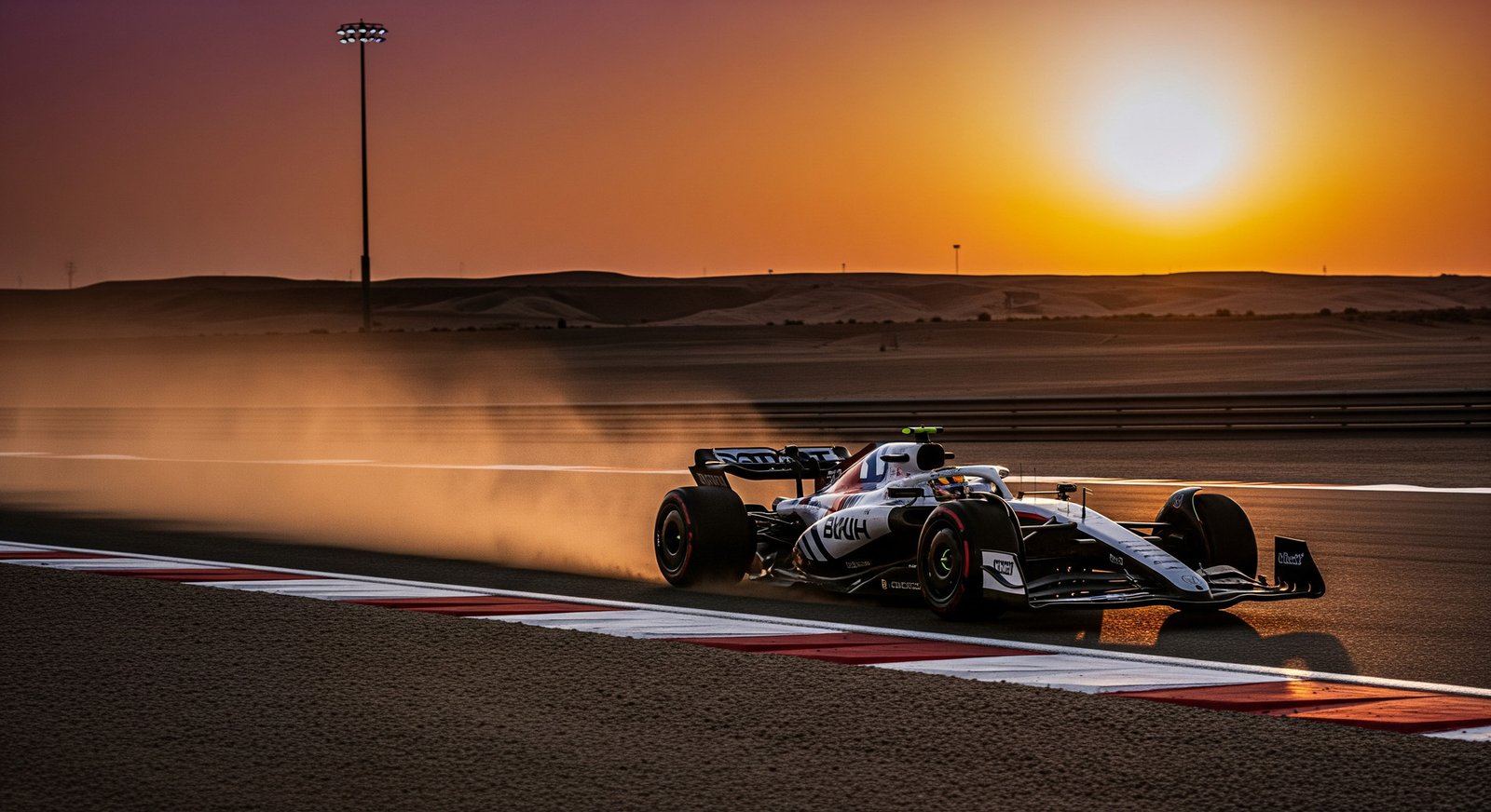Ein Formel-1-Auto fährt zur goldenen Stunde in Bahrain und wirbelt eine Wolke aus Wüstenstaub auf, während die Sonne über der Strecke untergeht.
