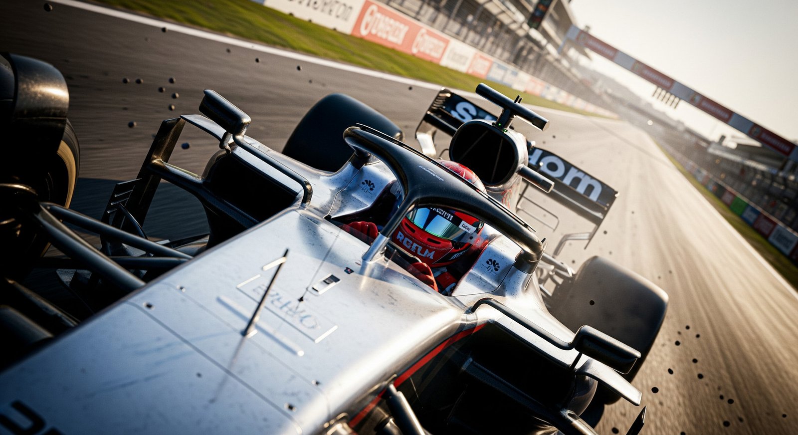 Nahaufnahme aus erhöhter Perspektive auf das Cockpit eines silbernen Formel-1-Autos und einen Fahrer mit rotem Helm, das Auto in Aktion auf sonniger Strecke.