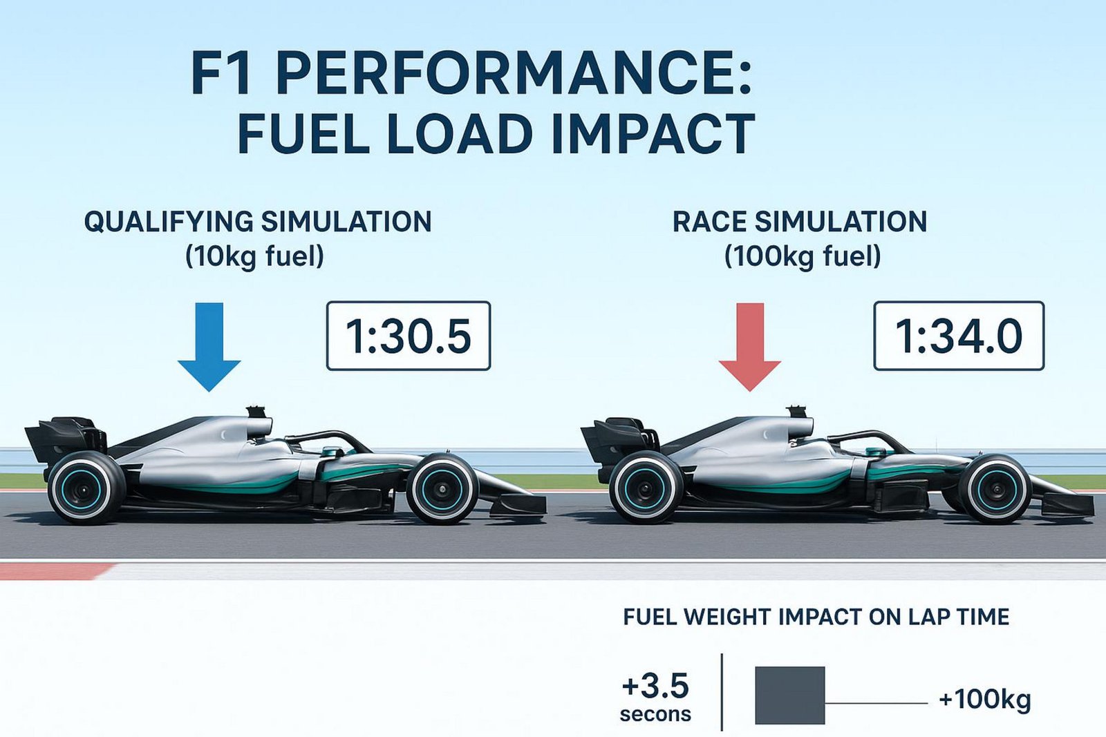 Infografik zum Einfluss der Spritmenge auf die F1-Leistung: eine Qualifying-Simulation mit 10 kg Sprit (1:30.5) im Vergleich zu einer Rennsimulation mit 100 kg Sprit (1:34.0), ein Unterschied von 3,5 Sekunden.