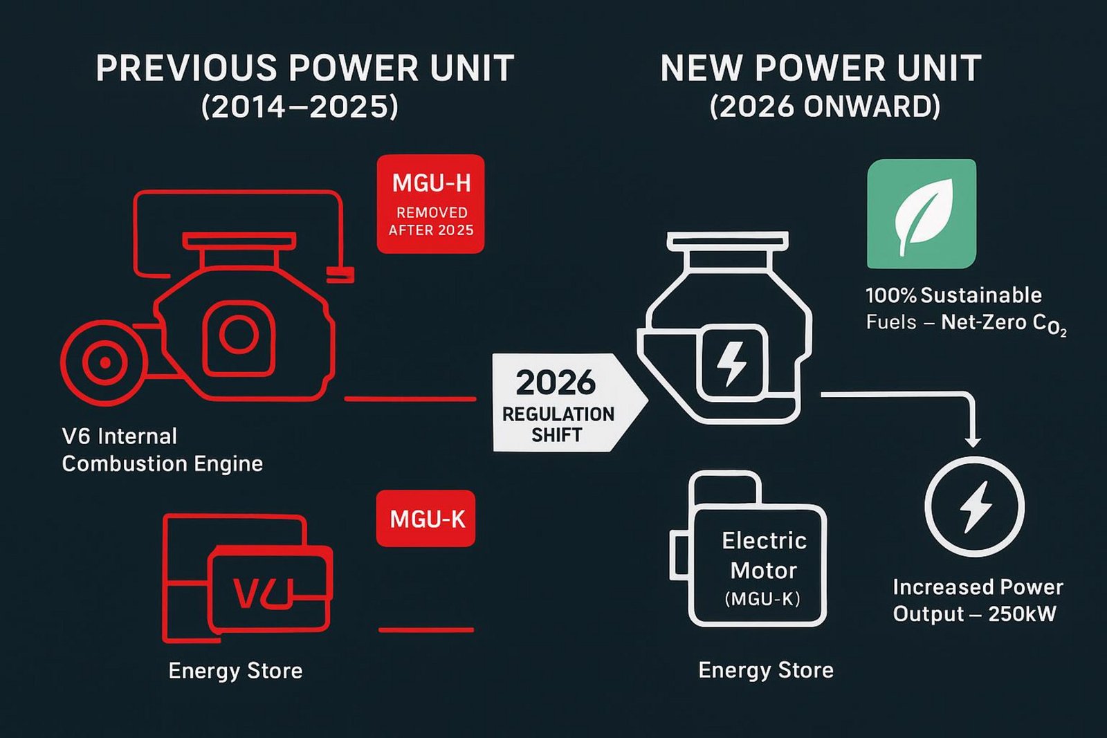 Technisches Diagramm, das die F1-Antriebsregeln von 2014 mit dem neuen Reglement 2026 vergleicht und den Wegfall der MGU-H sowie den Anstieg der elektrischen Leistung auf 350 kW hervorhebt.