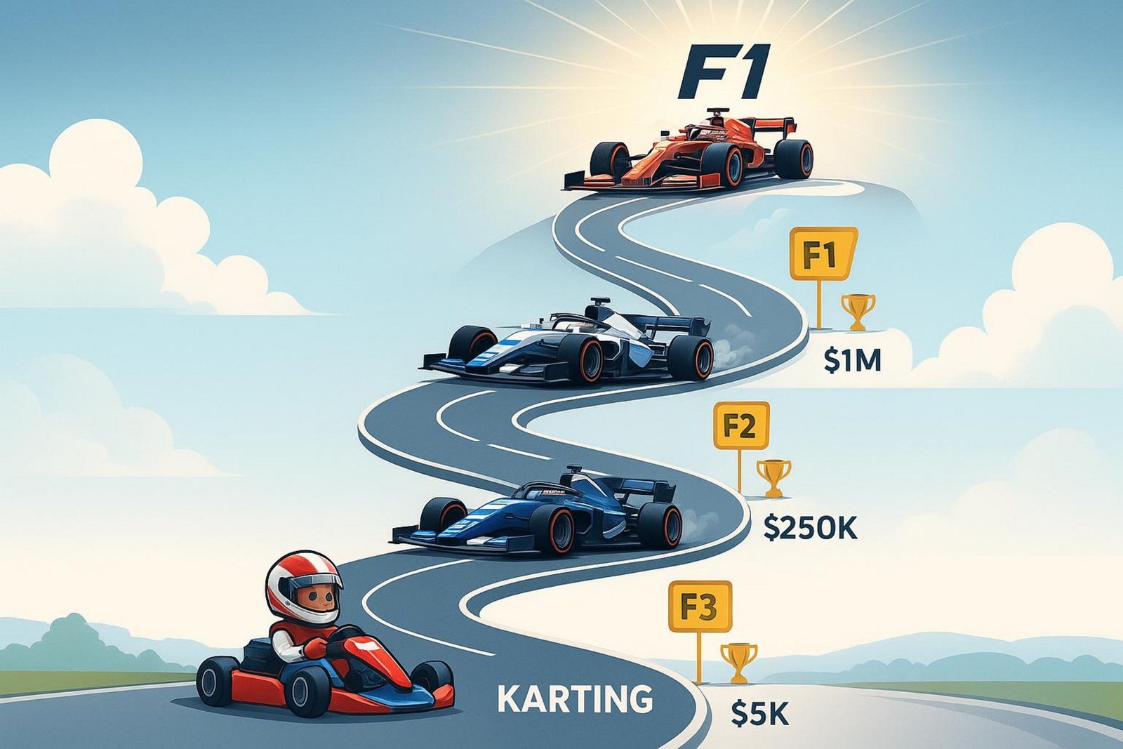Moderne Infografik, die den Aufstieg vom Kartsport bis zur Formel 1 über aufsteigende Rennstufen mit beschrifteten Autos und Symbolen zeigt.