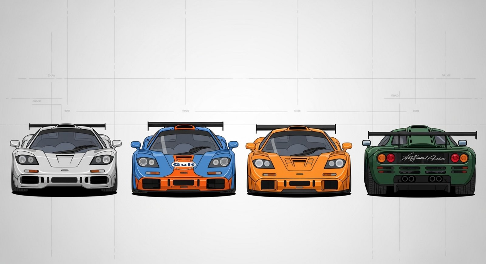 Infografik mit vier McLaren-F1-Modellen nebeneinander, die die optischen Unterschiede zwischen Straßen-, Renn-, LM- und Longtail-Version zeigt.
