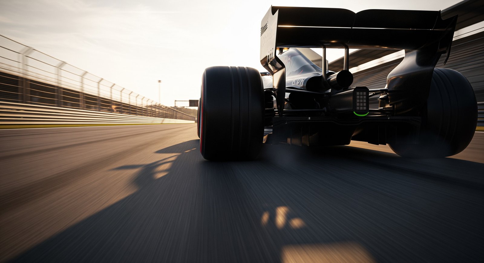 Heckansicht eines Formel-1-Autos, das auf einer Geraden Schlangenlinien fährt, mit Bewegungsunschärfe, die seine Bewegung und das Aufwärmen der Reifen betont.