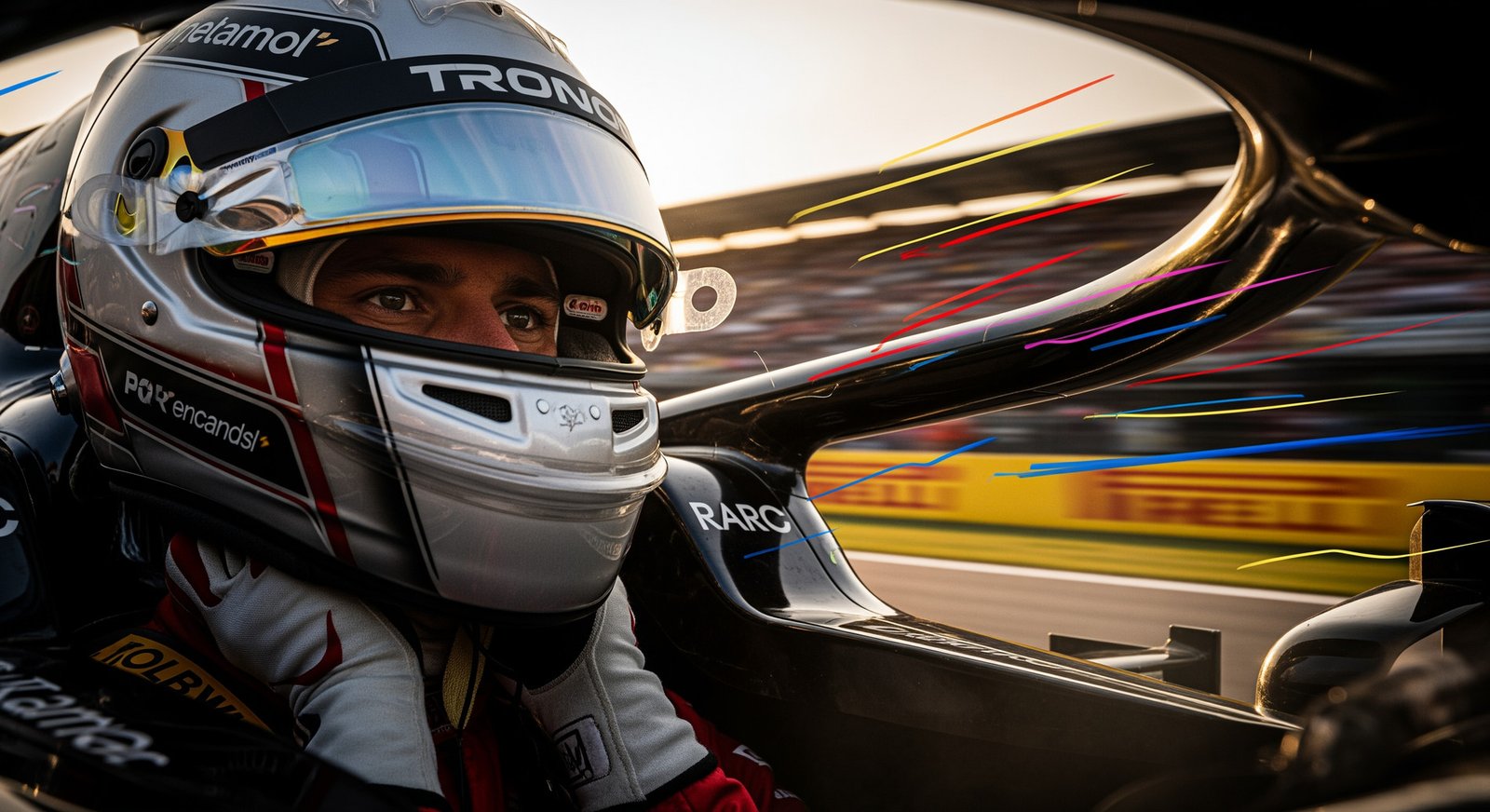 Nahaufnahme eines F1-Fahrers im Cockpit, die während eines Rennens intensive Konzentration und körperliche Anstrengung zeigt.