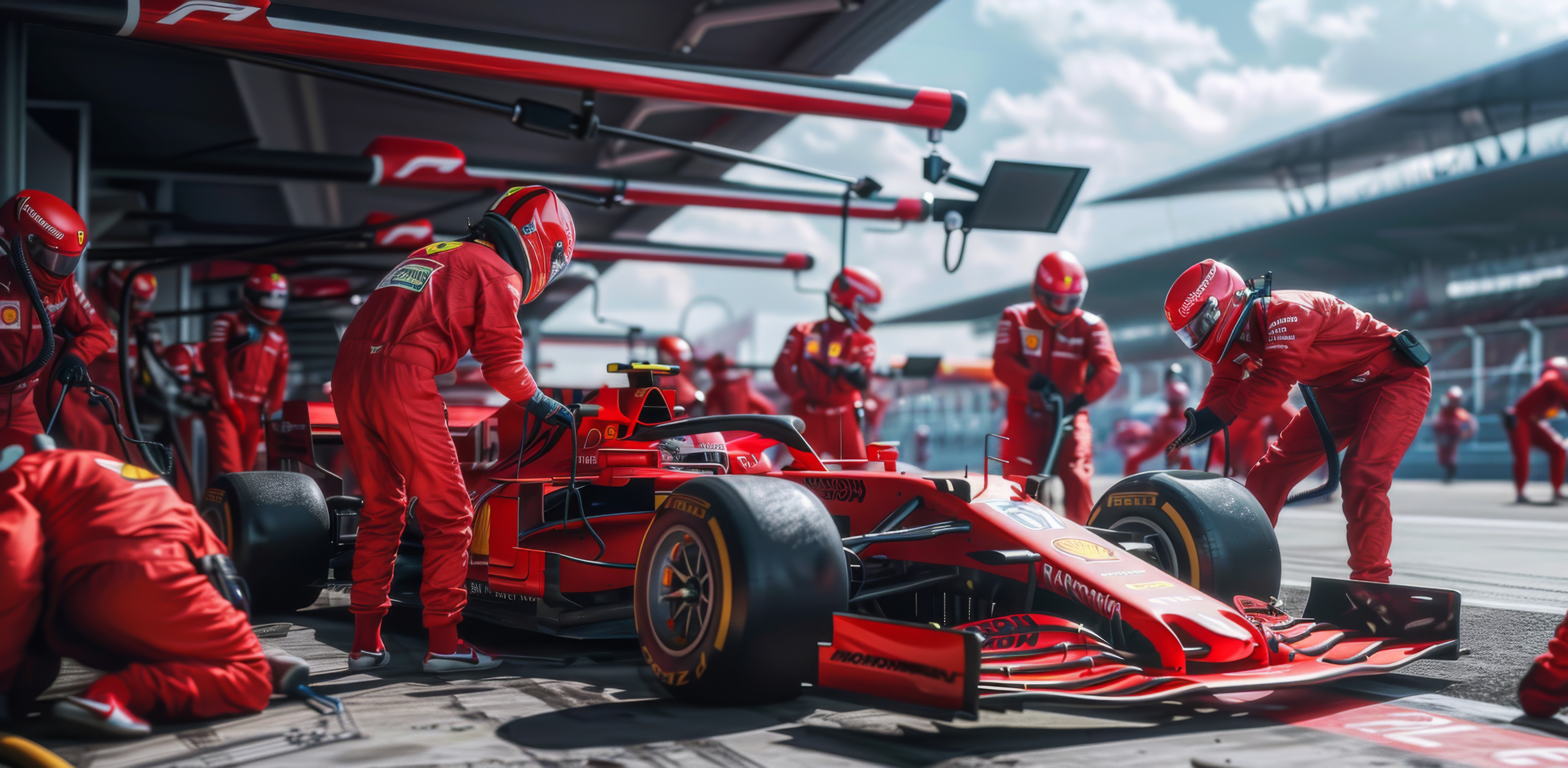 Angespannte Szene eines missglückten Formel-1-Boxenstopps, das Auto steht auf den Hebern und die Mechaniker wirken geschockt.