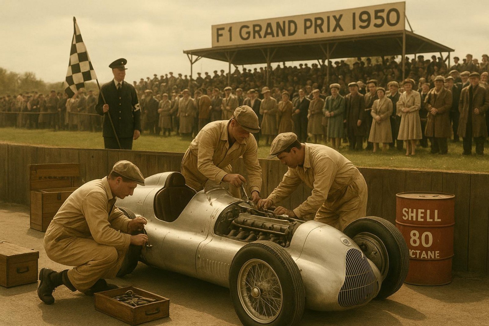 Eine historische Aufnahme von Mechanikern, die 1950 in Silverstone an einem klassischen Alfa-Romeo-F1-Auto arbeiten, im Hintergrund Zuschauer in zeitgenössischer Kleidung.