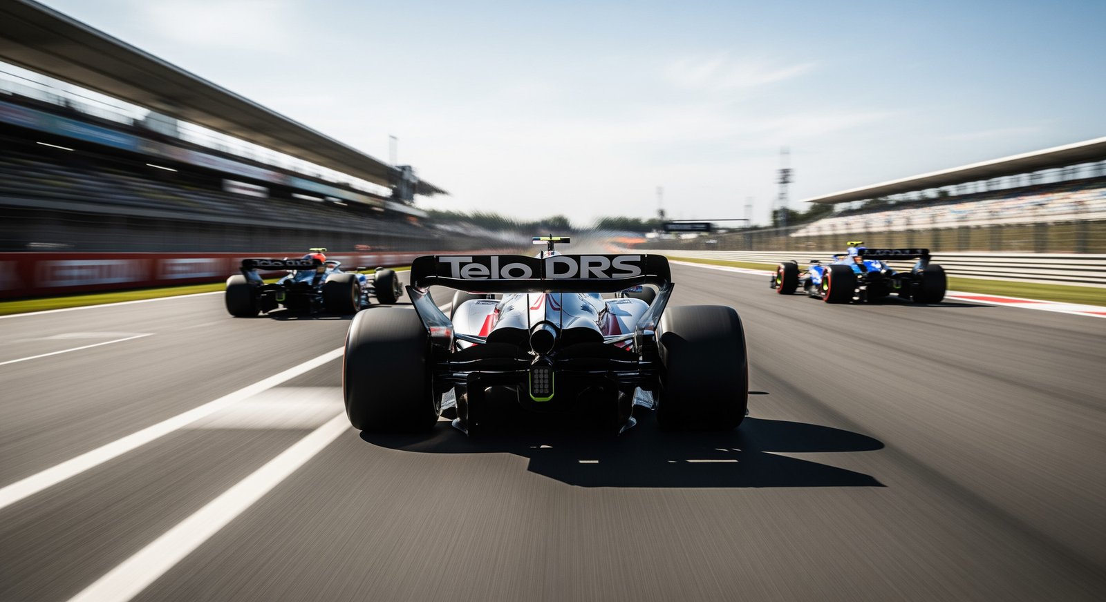 Aufnahme aus niedriger Perspektive hinter einem Formel-1-Auto auf einer Geraden, das mit geöffneter DRS-Klappe auf ein anderes Fahrzeug aufschließt, Bewegungsunschärfe unterstreicht das hohe Tempo.